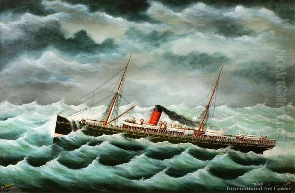 S.s Monowai In A Gale Oil Painting by Frank Barnes