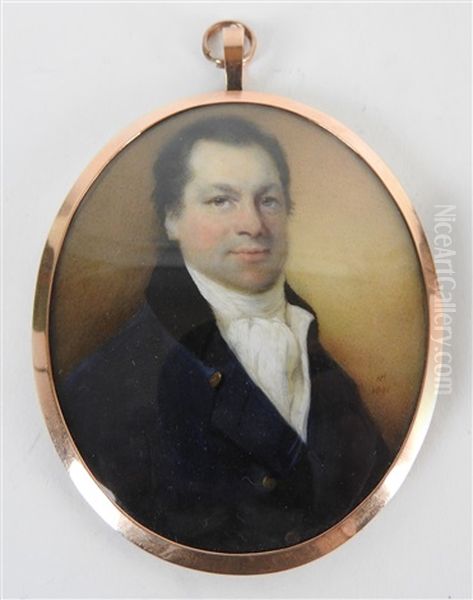 A Portrait Miniature Of A Gentleman Wearing A Dark Blue Coat With A Black Collar Over A White Waistcoat Oil Painting by Horace Hone