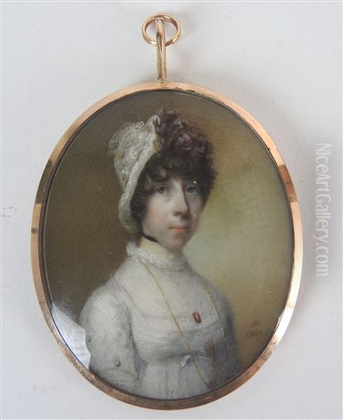 Portrait Miniature Of A Lady Wearing A White Dress And Lace Bonnet With A Long Gold Chain Suspended From Her Neck Oil Painting by Horace Hone