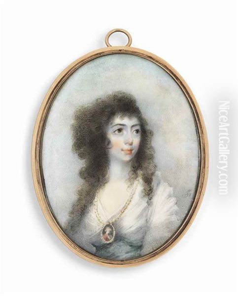 A Young Lady Called Susanna Home, In White Dress, Wearing A Portrait Miniature Of A Gentleman Suspended From A Pearl Necklace, Long, Dark Curling Hair; Sky Background Oil Painting by Horace Hone