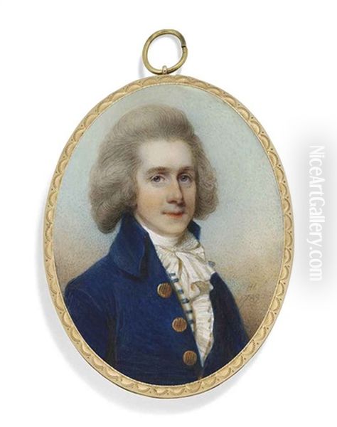 A Young Gentleman, In Blue Coat With Brass Buttons, Blue And White Striped Waistcoat, Frilled White Cravat With Pleated Jabot, Grey-powdered Wig, Sky Background Oil Painting by Horace Hone