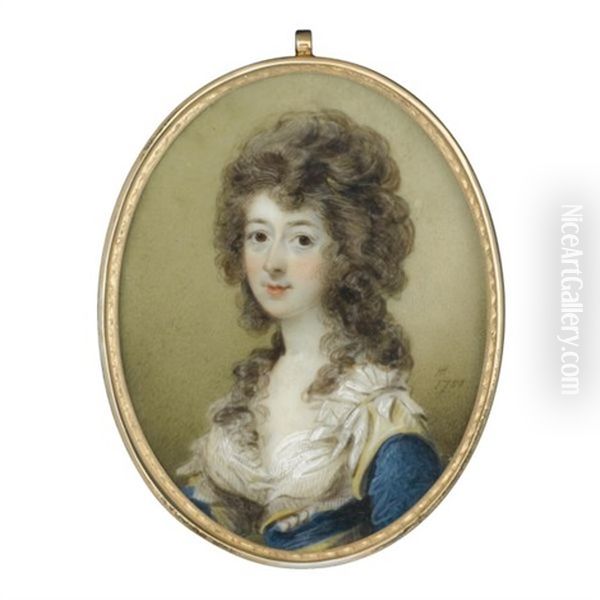 Portrait Of A Lady Wearing A Yellow And Blue Dress With A White Chemise by Horace Hone