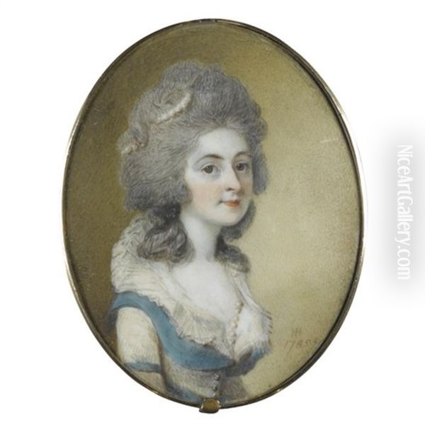 Portrait Of The Hon. Sophia Ward Wearing A Blue And White Dress, Pearls Entwined In Her Hair Oil Painting by Horace Hone