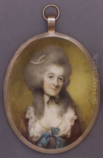 A Young Lady In Ruffle-bordered White Dress, Brown Cloak, A Portrait Miniature Suspended From A String Of Pearls At Corsage, Black Ribbon Choker, Pearls In Her Powdered Hair Oil Painting by Horace Hone