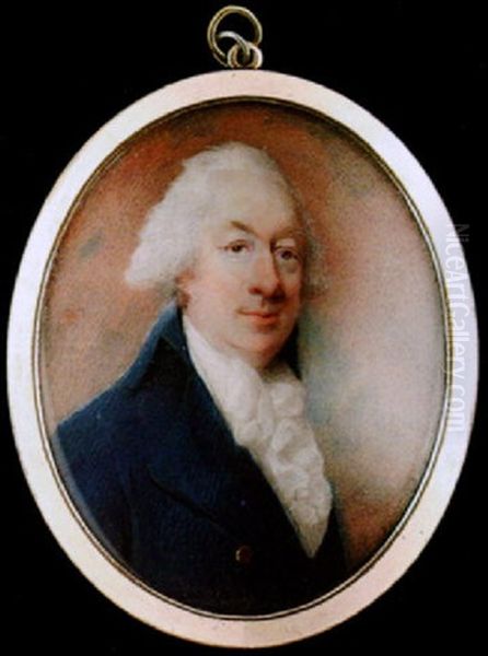 A Portrait Of A Gentleman With Powdered Hair Wearing A Blue Coat With Gold Button by Horace Hone