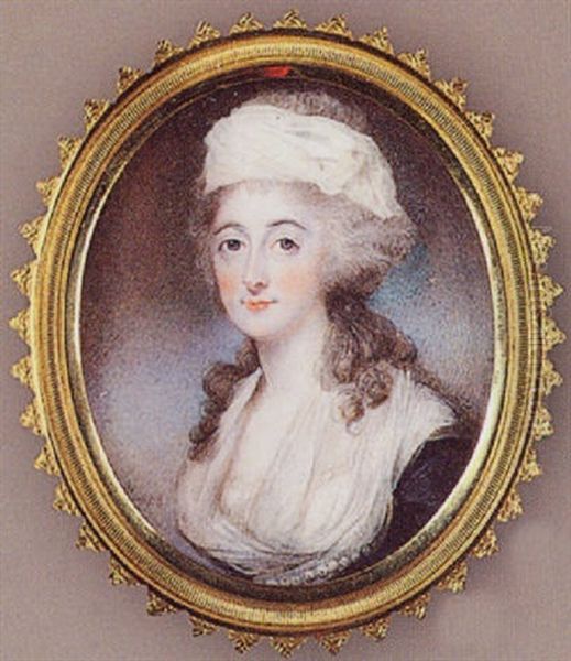 Portrait Of A Lady, Wearing Dark Blue Dress With White Fichu And Underslip, A White Scarf In Her Powdered Hair Oil Painting by Horace Hone