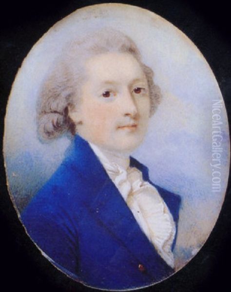 A Gentleman, In Blue Coat With Gold Buttons, White Frilled Shirt And Cravat, His Hair Powdered Oil Painting by Horace Hone