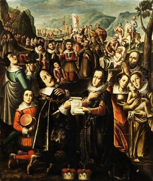 Der Tiroler Landesfurst Leopold V. Und Seine Gattin Claudia Von Medici In Verehrung Des Maria Hilf-andachtsbildes Von Lucas Cranach Oil Painting by Paul Honegger