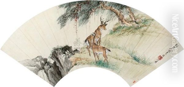 Two Deer Oil Painting by  Hong Ji