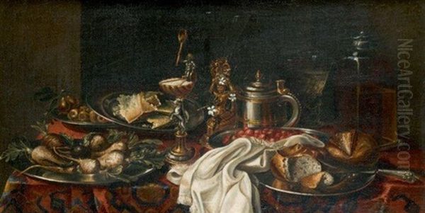 Composition Aux Fruits, Coupes Montees Et Chopes Sur Tapis D'orient Oil Painting by Adriaen (Lossenbruy) Honich