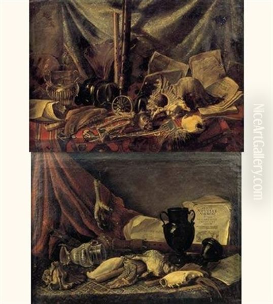 Natures Mortes De Coquillages, Vases Et Instruments De Musique Sur Des Entablements Recouverts De Tapis (pair) Oil Painting by Adriaen (Lossenbruy) Honich