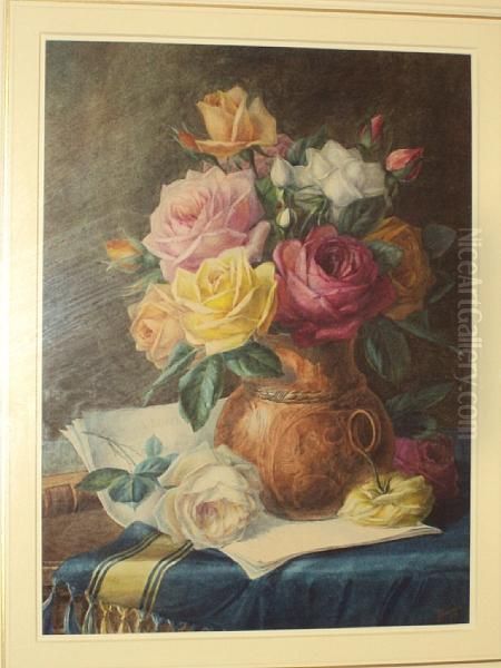 Still Life Of Roses And Sheet Music On A Tabletop Oil Painting by James Barnes