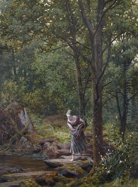 Young Girl Gathering Firewood, Crossing Awooded Stream Oil Painting by James Barnes