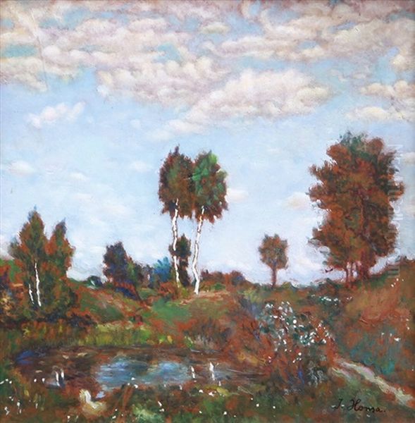 Krajina S Jezirkem A Brizami Oil Painting by Jan Honsa