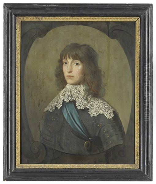 Portrait Of One Of The Princes Palatine, Possibly Karl Ludwig, Prince Palatine, Half-length, In Armour And White Collar, Wearing The Sash Of The Order Of The Garter, Feigned Cartouche Oil Painting by Gerrit Van Honthorst