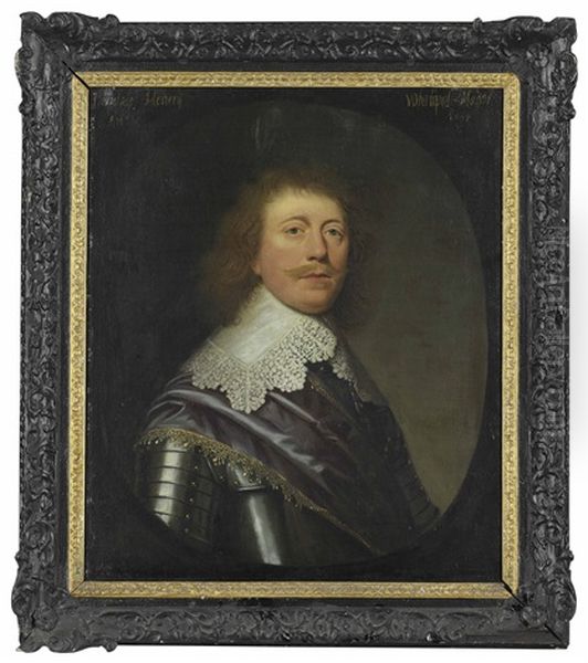 Portrait Of Captain Henry Of Whitipol Manor, Half-length, In Armour With A Purple Sash And White Lace Collar, Feigned Oval Oil Painting by Gerrit Van Honthorst