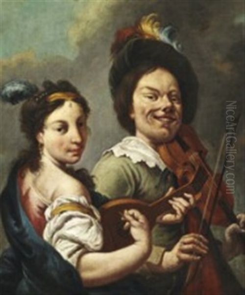 A Woman Is Playing The Mandolin While A Dwarf Is Trying To Play The Violin Oil Painting by Gerrit Van Honthorst