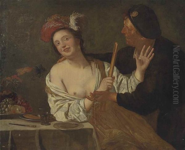 A Man Propositioning A Woman In An Interior Oil Painting by Gerrit Van Honthorst