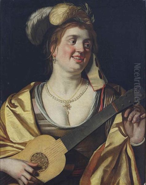 A Lady With A Mask Tuning A Guitar Oil Painting by Gerrit Van Honthorst