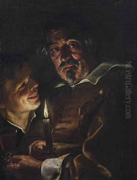 A Man Holding A Candle And A Glass Of Red Wine, And A Boy Embracing Him Oil Painting by Gerrit Van Honthorst