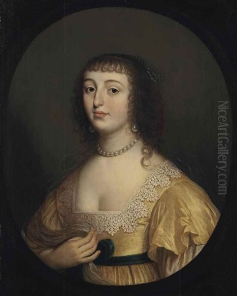 Portrait Of Elisabeth Of Bohemia (1618-1680), Princess Palatine, Bust-length, In A Yellow Dress With White Lace, In A Sculpted Oval Oil Painting by Gerrit Van Honthorst