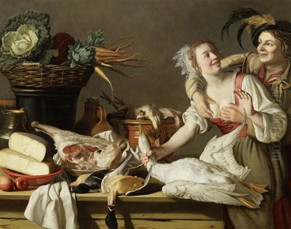 A Couple Courting In A Larder At A Table Laden With Food And Game Oil Painting by Gerrit Van Honthorst