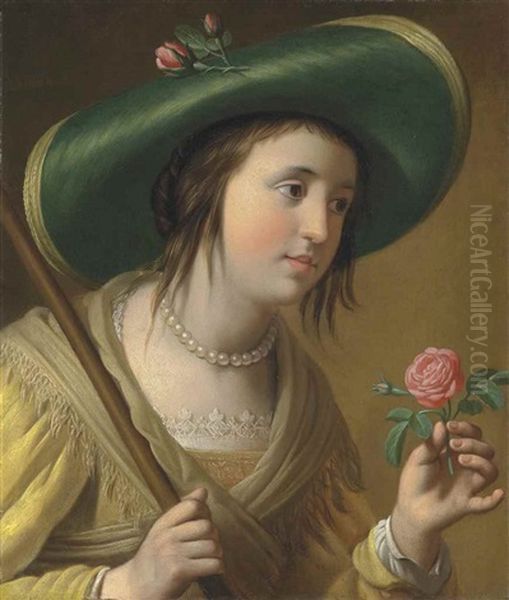 Portrait Of Princess Elizabeth Ii Van De Palts (1618-1680) As A Shepherdess, Bust-length, Holding A Rose Oil Painting by Gerrit Van Honthorst