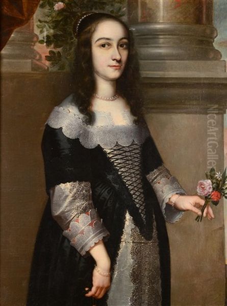 Portrait Of A Lady, Three-quarter Length, Wearing A Black Satin Dress Trimmed With Lace And Holding A Posy Of Flowers Oil Painting by Gerrit Van Honthorst