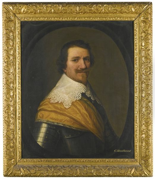 Portrait Of A Gentleman, Head And Shoulders, With A Gold Sash Around His Armour Oil Painting by Gerrit Van Honthorst