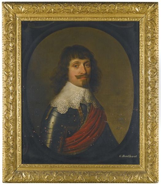 Portrait Of A Gentleman, Head And Shoulders, With A Red Sash Over His Armour Oil Painting by Gerrit Van Honthorst