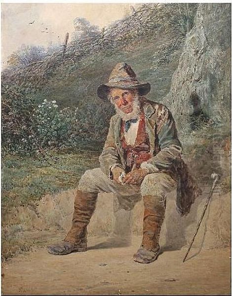 'a Quiet Pipe' - Old Man Resting By The Wayside Oil Painting by Joseph Barnes