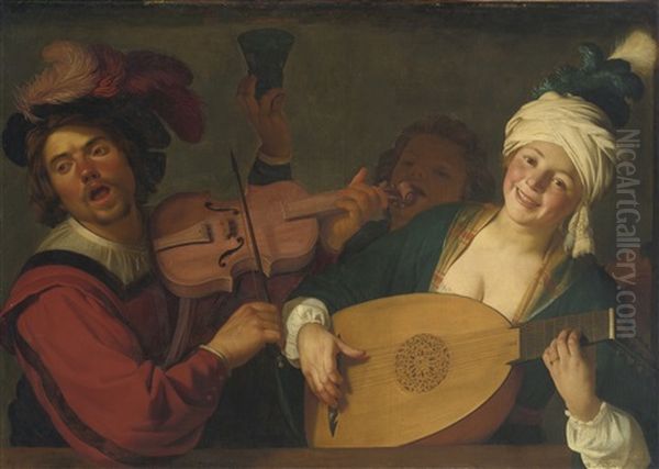 A Merry Group Behind A Balustrade With A Violin And A Lute Player Oil Painting by Gerrit Van Honthorst