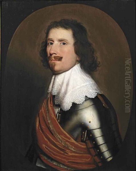 Portrait Of A Nobleman, Half-length, In Armor With A White Lace Collar And An Orange Sash, In A Painted Oval Oil Painting by Gerrit Van Honthorst