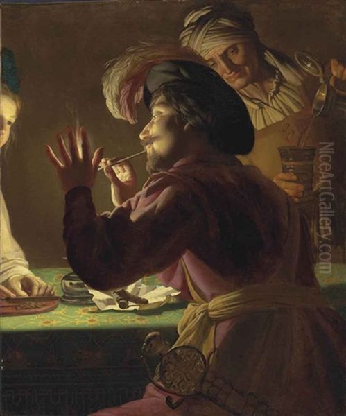 A Cavalier Lighting A Pipe From A Candle, An Old Woman Pouring From A Crock And A Young Woman Cutting Tobacco - A Fragment Oil Painting by Gerrit Van Honthorst