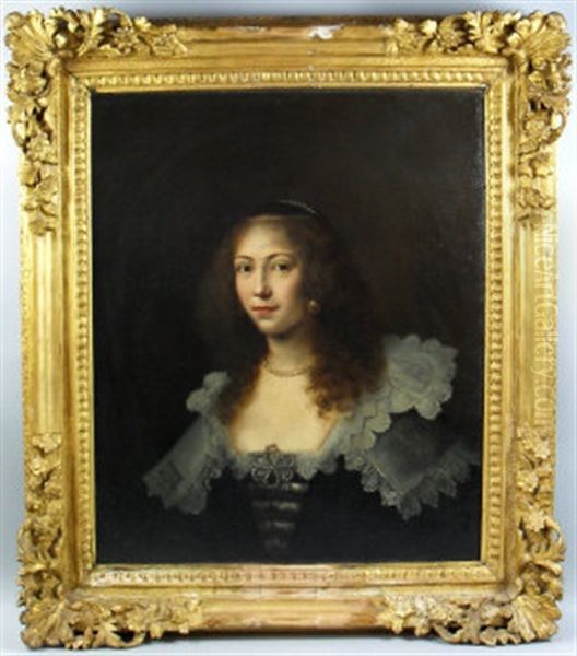 Portrait Of A Young Woman, Wearing A Black Dress And White Lace Collar, Dark Hair Curled And Natural, With Pearl Necklace, Earnings And Head Piece Oil Painting by Gerrit Van Honthorst