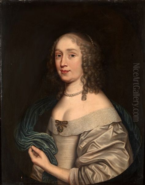 Portrait Of A Noble Lady, In A Silver Satin Dress Oil Painting by Gerrit Van Honthorst