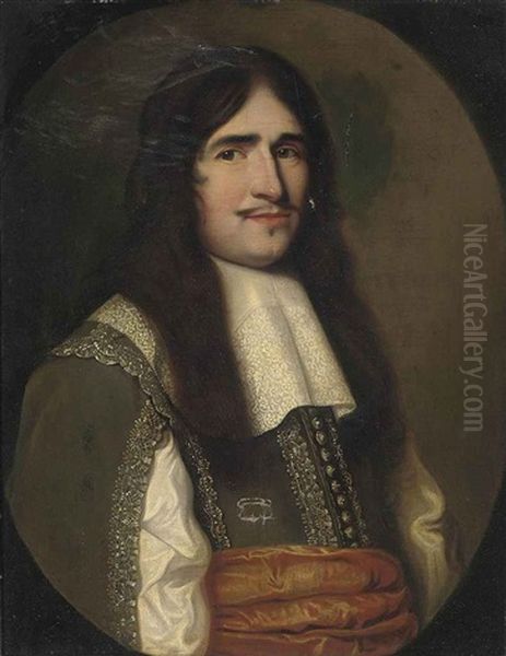 Portrait Of A Gentleman In A Green Embroidered Coat With A Rust Sash And Lace Collar Oil Painting by Gerrit Van Honthorst