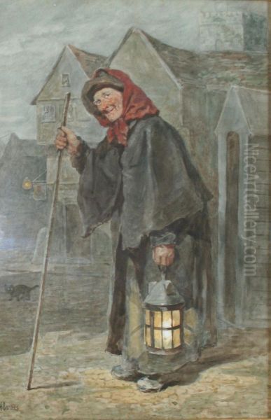 Old Lady With A Lantern Oil Painting by Joseph H. Barnes