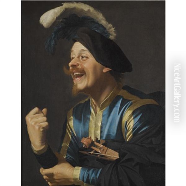 A Laughing Violinist, Half-length, Wearing A Blue And Yellow Striped Doublet And A Plumed Cap, With A Violin Tucked Under His Arm by Gerrit Van Honthorst