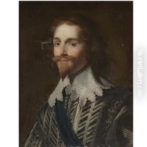 Portrait Of George Villiers, First Duke Of Buckingham (1592-1628), Head And Shoulders, Wearing A Richly Embroidered Doublet And A Blue Sash Oil Painting by Gerrit Van Honthorst