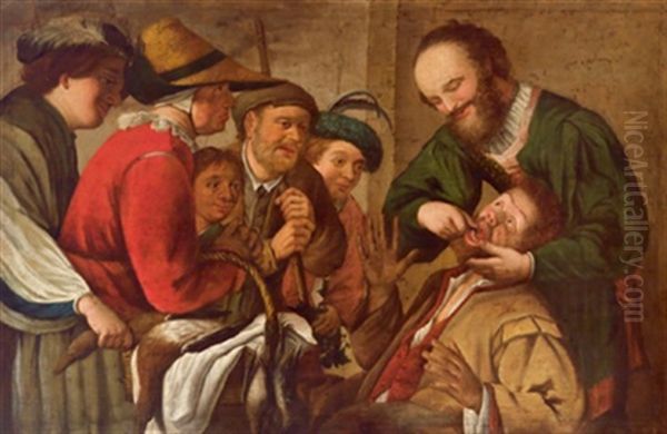 Der Zahnbrecher, Ein Junger Mann Mit Federbarett Entwendet Der Gebannt Die Zahnbehandlung Verfolgenden Geflugelhandlerin Die Gans Oil Painting by Gerrit Van Honthorst