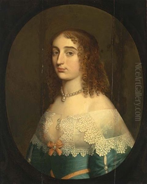 A Portrait Of A Lady, Bust Length, Wearing A Blue Satin Dress With A Pink Ribbon And A White Lace Collar And Pearl Jewellery, In A Painted Oval Oil Painting by Gerrit Van Honthorst