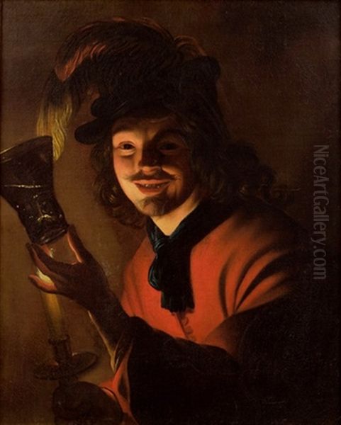 Portrait Eines Jungen Mannes Mit Trinkglas Und Kerze Oil Painting by Gerrit Van Honthorst