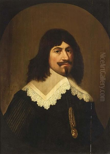 A Portrait Of A Gentleman, Aged 38, Wearing A Black Costume With A White Lace Collar And A Golden Chain Oil Painting by Gerrit Van Honthorst