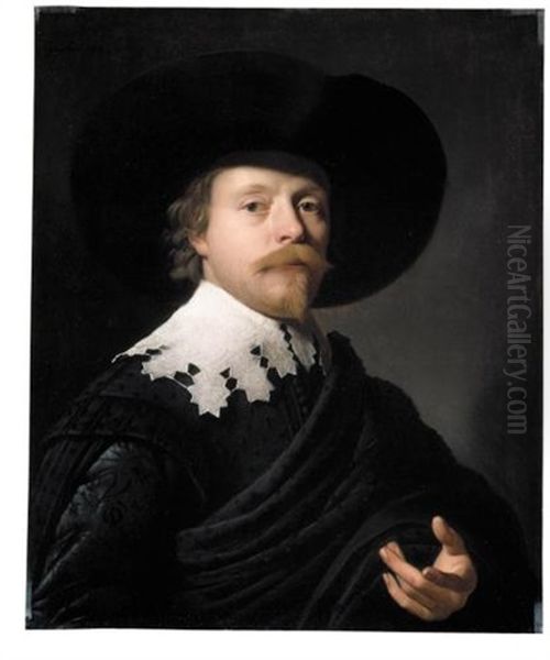 Portrait Of A Gentleman, Wearing A Black Coat, Cloak And Hat, And A White Ruff Oil Painting by Gerrit Van Honthorst