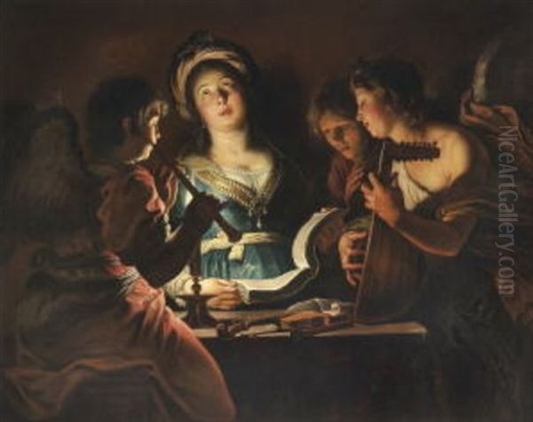 Hl. Cacilie Singend, Umgeben Von Musizierenden Engeln Oil Painting by Gerrit Van Honthorst