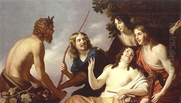 Pan Presenting Grapes To A Party Of Young Men And Women (in Collab. W/artist's Studio) Oil Painting by Gerrit Van Honthorst