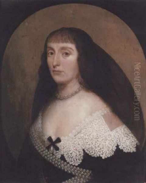 Portrait Of Elizabeth Stuart, Queen Of Bohemia, In A Black Dress With A White Lace Collar And Pearls, And A Black Headdress Oil Painting by Gerrit Van Honthorst