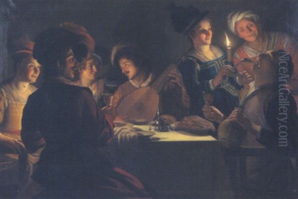 Frohliche Tischgesellschaft Bei Kerzenschein Oil Painting by Gerrit Van Honthorst