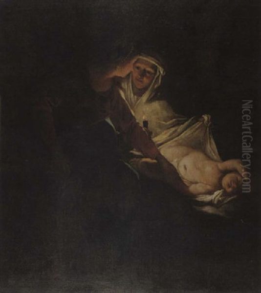 A Woman And Her Maidservant With Sleeping Child By Candlelight Oil Painting by Gerrit Van Honthorst